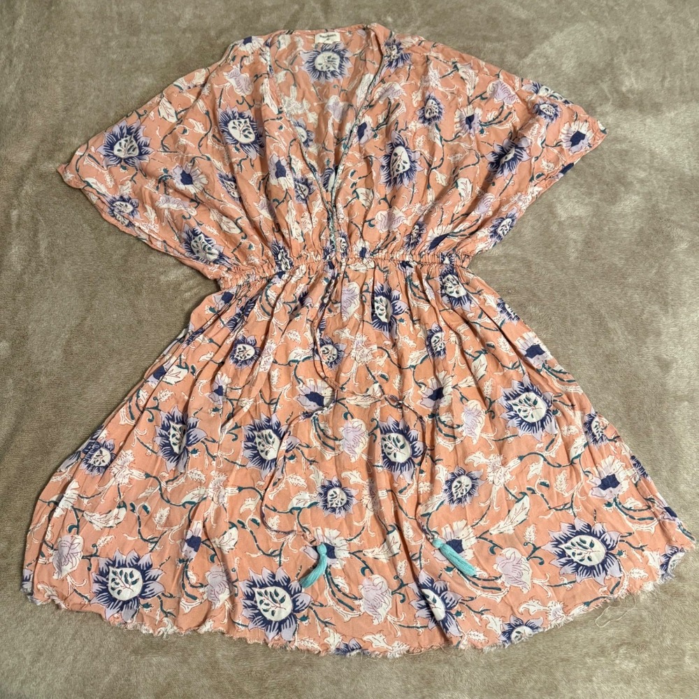 World Market Floral V-Neck Mini Dress Peach Purple Tassel Waist S/M Boho